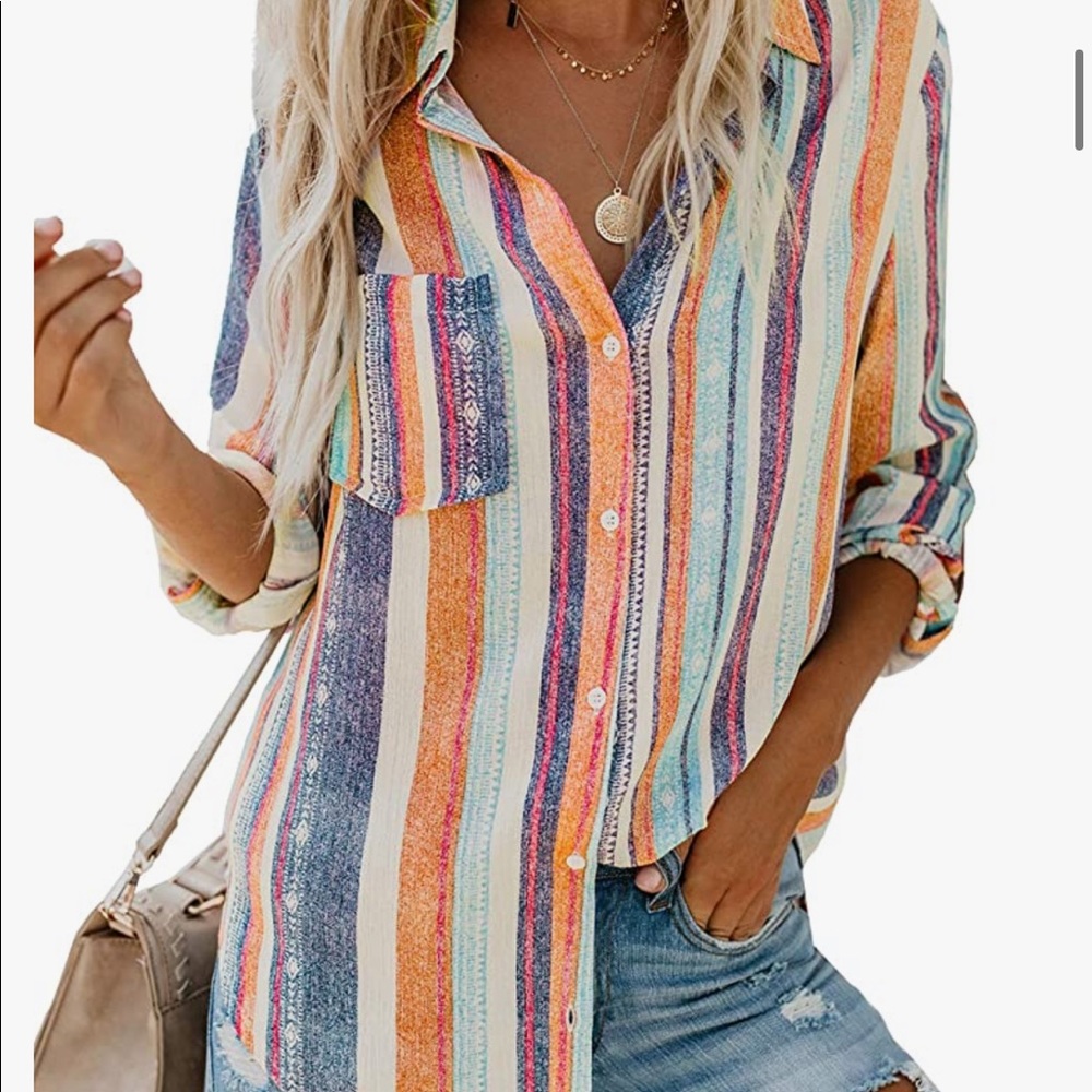 NWOT V-Neck Striped Button Down Blouse